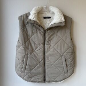 Blu Pepper Women's Puffer Vest Small Khaki Sherpa Lined Full Zip Cozy Resort